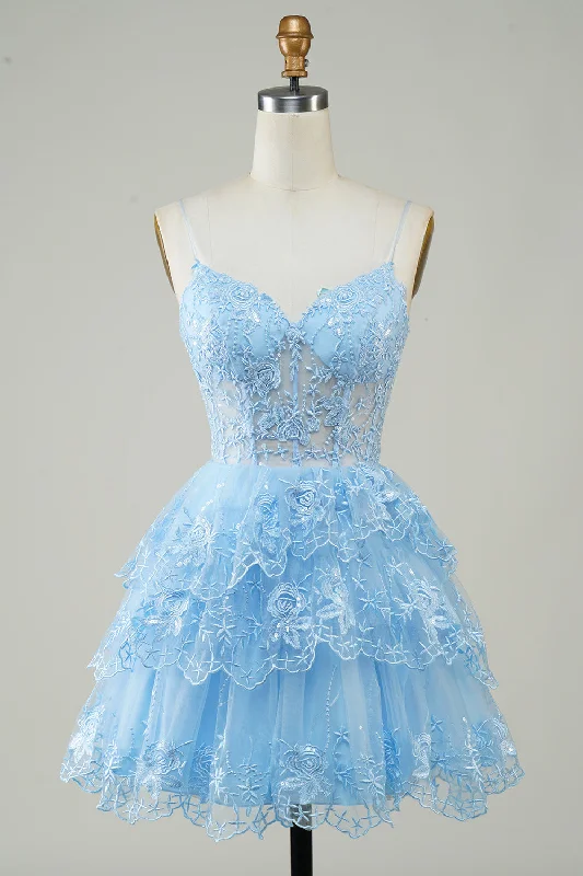 Gorgeous A Line Spaghetti Straps Blue Sparkly Corset Homecoming Dress