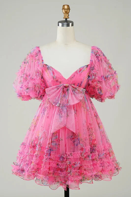 Hot Pink Off The shoulder Printed Cute Floral Homecoming Dress with Bow