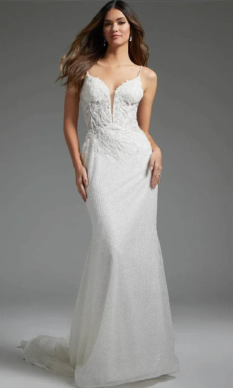 Jovani JB40639 - Beaded Appliqued Plunging Bridal Gown