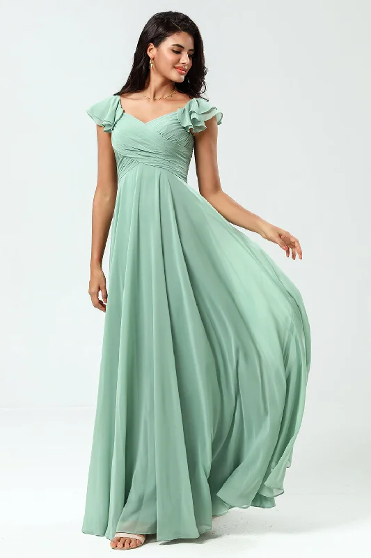 Lace-Up Back A Line Chiffon Green Bridesmaid Dress with Ruffles