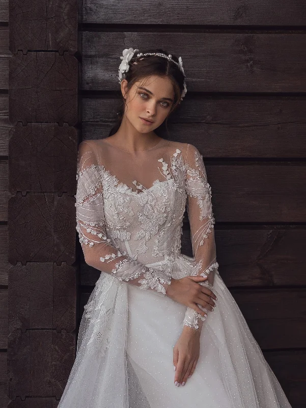 Long Sleeve Lace and Dot Tulle Wedding Gown