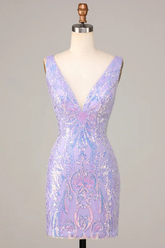 Lost In Your Eyes Bodycon V-Neck Lilac Sequins Short Homecoming Dress