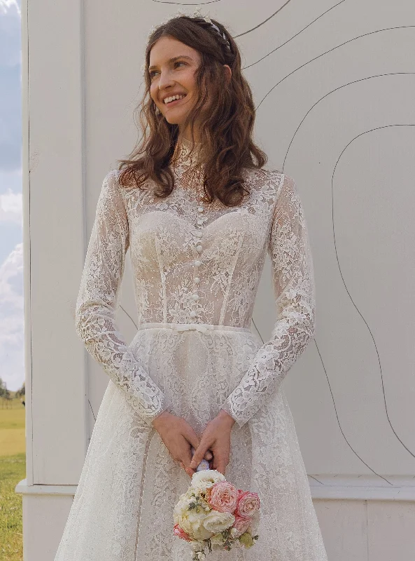 Modest Long Sleeve High-Neck A-Line Lace Wedding Gown