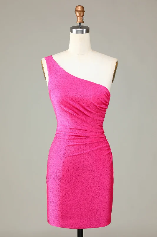 Unique Hot Pink One Shoulder Pleated Short Tight Homecoming Dress