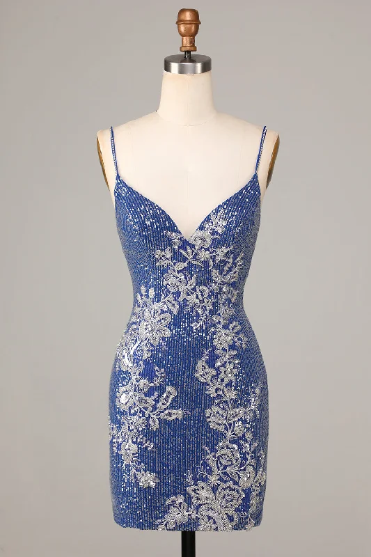 Sparkly Sheath Spaghetti Straps Dark Blue Short Homecoming Dress with Embroidery