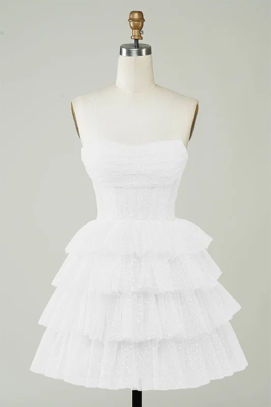 White Sparkly Corset Tiered Cute Short Graduation Dress