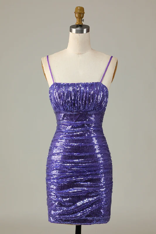 Sparkly Purple Sequins Spaghetti Straps Tight Short Homecoming Dress