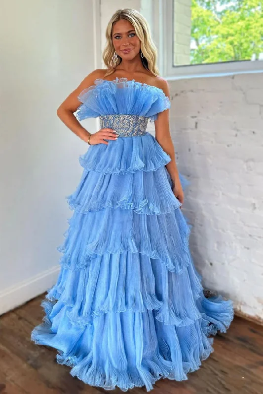 Stylish Blue Strapless A-Line Long Tiered Prom Dress With Belt PSK483