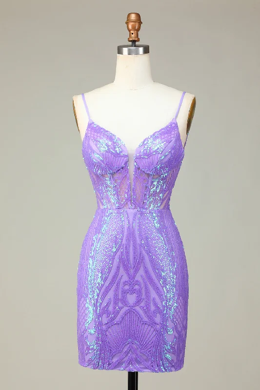 Stylish Bodycon Spaghetti Straps Lilac Sequins Corset Homecoming Dress with Criss Cross Back