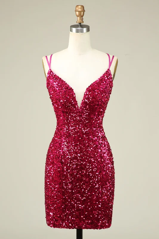 Stylish Fuchsia Spaghetti Straps Tight Homecoming Dress