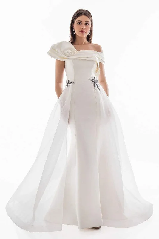 Terani Couture - 1821E7100 Dramatic Off Shoulder Sheer Overskirt Gown