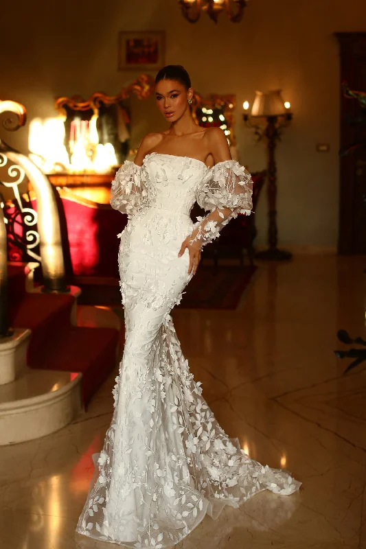 Tina Holly TW121W Long 3D Lace Mermaid Detachable Sleeves Wedding Dress