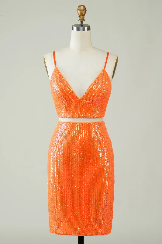 Two Piece Orange Sequins Tight Homecoming Dress