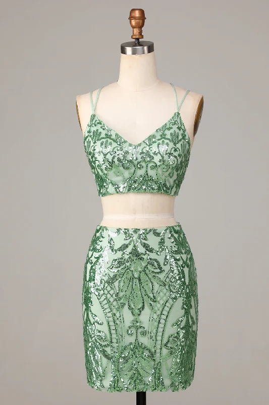 Ultimate Glow Two Piece Spaghetti Straps Green Sequins Short Homecoming Dress