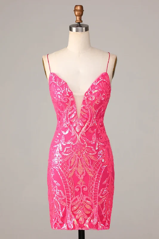 Undeniably Amazing Sheath Spaghetti Straps Fuchsia Sequins Short Homecoming Dress