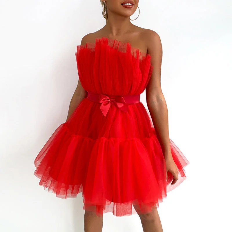 2022 Off Shoulder Ruffle Tulle Tutu Short Prom Gown With Bow Women Mini Dress