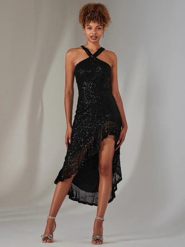 Cross Neck Side Ruffle Sequin Dress, Black