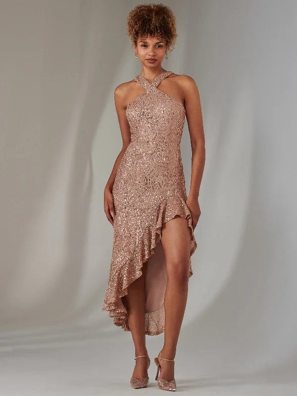 Cross Neck Side Ruffle Sequin Dress, Bronze