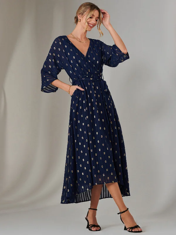 Plain Gold Spot Chiffon Dress, Navy/Gold