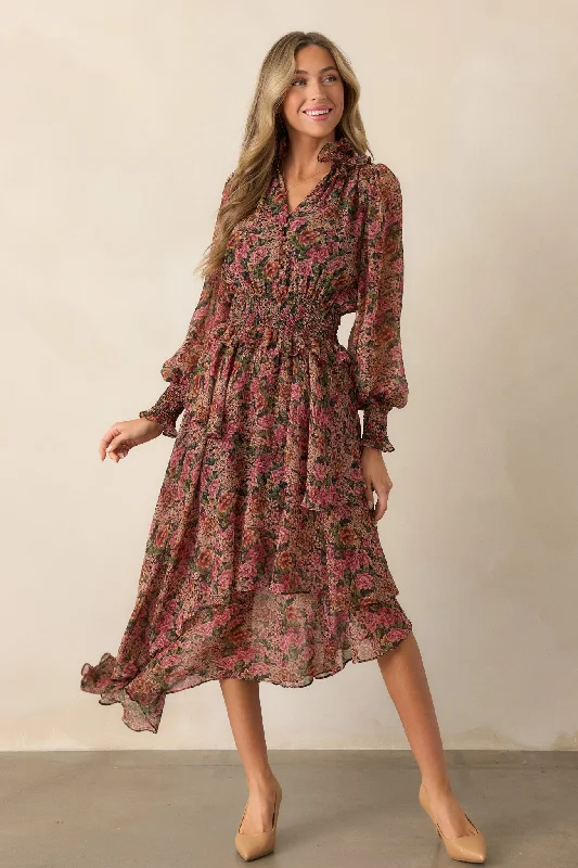 Roses Of Love Black Multi Floral Long Sleeve Ruffle Midi Dress