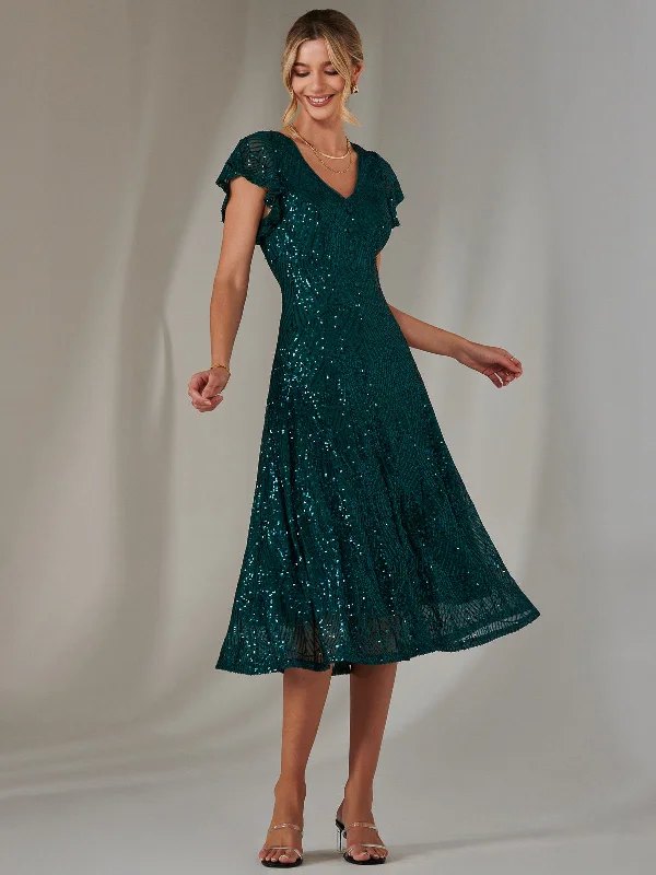 Sequin V Neck FIt & Flare Midaxi Dress, Green