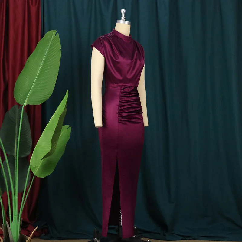 Turtleneck Solid Color Polyester Spandex High Waist Temperament Commuter Red Dress