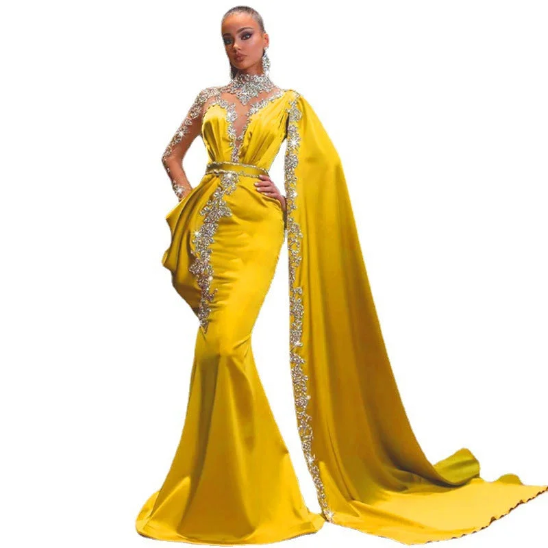 Wholesale Women Evening Dress Yellow Sprinkled Gold Sequin Dress Long  Women Elegant Prom Dress